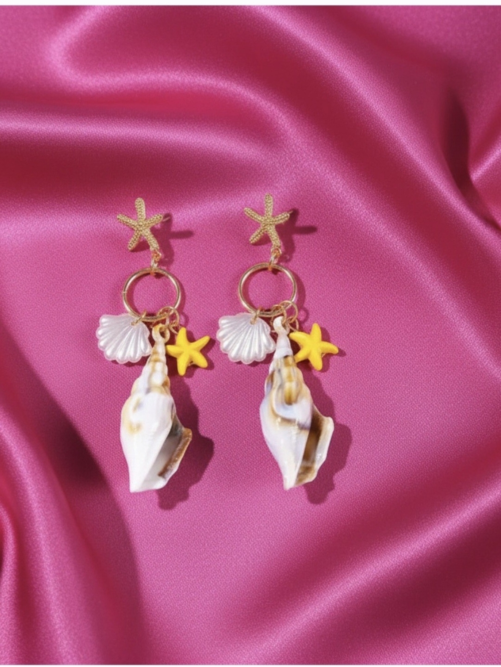 Gold Starfish & Shell Drop Earrings with Yellow Star & Scalloop Charm